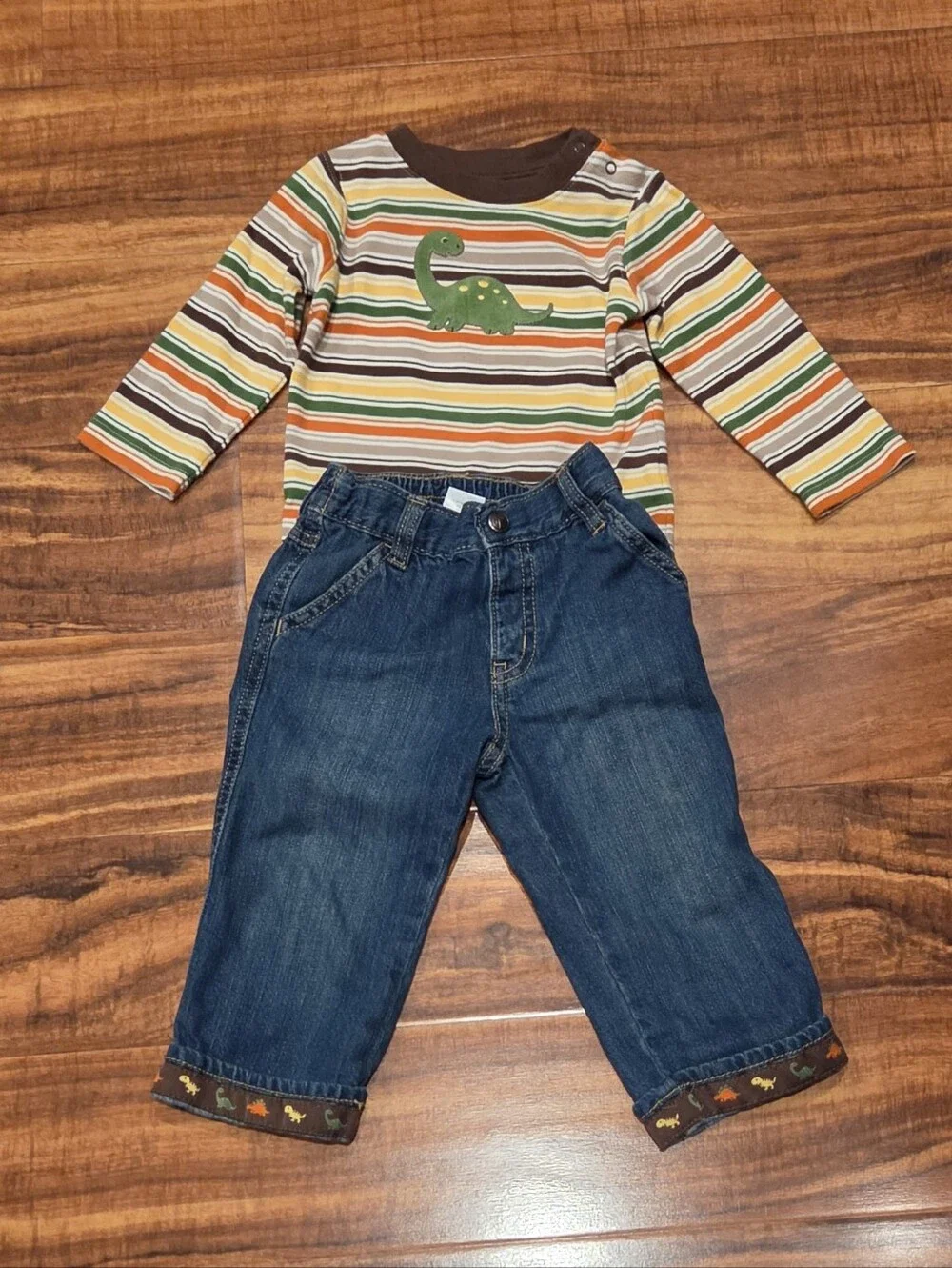 Gymboree EUC 18-24 Month Green/Orange/Brown Striped Bodysuit, Dino Jeans & Socks